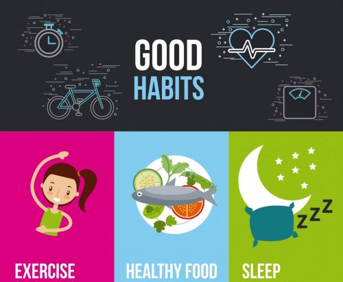 Banners of health exercise healthy food sleep