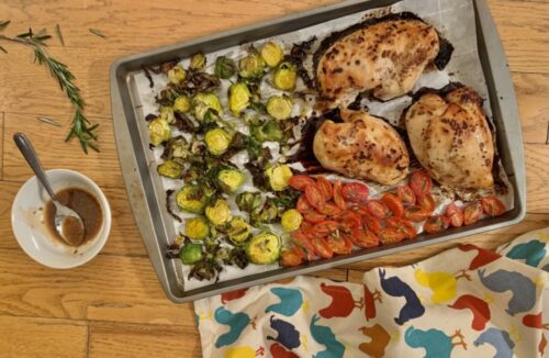 Pan roasted chicken and vegetables rotated